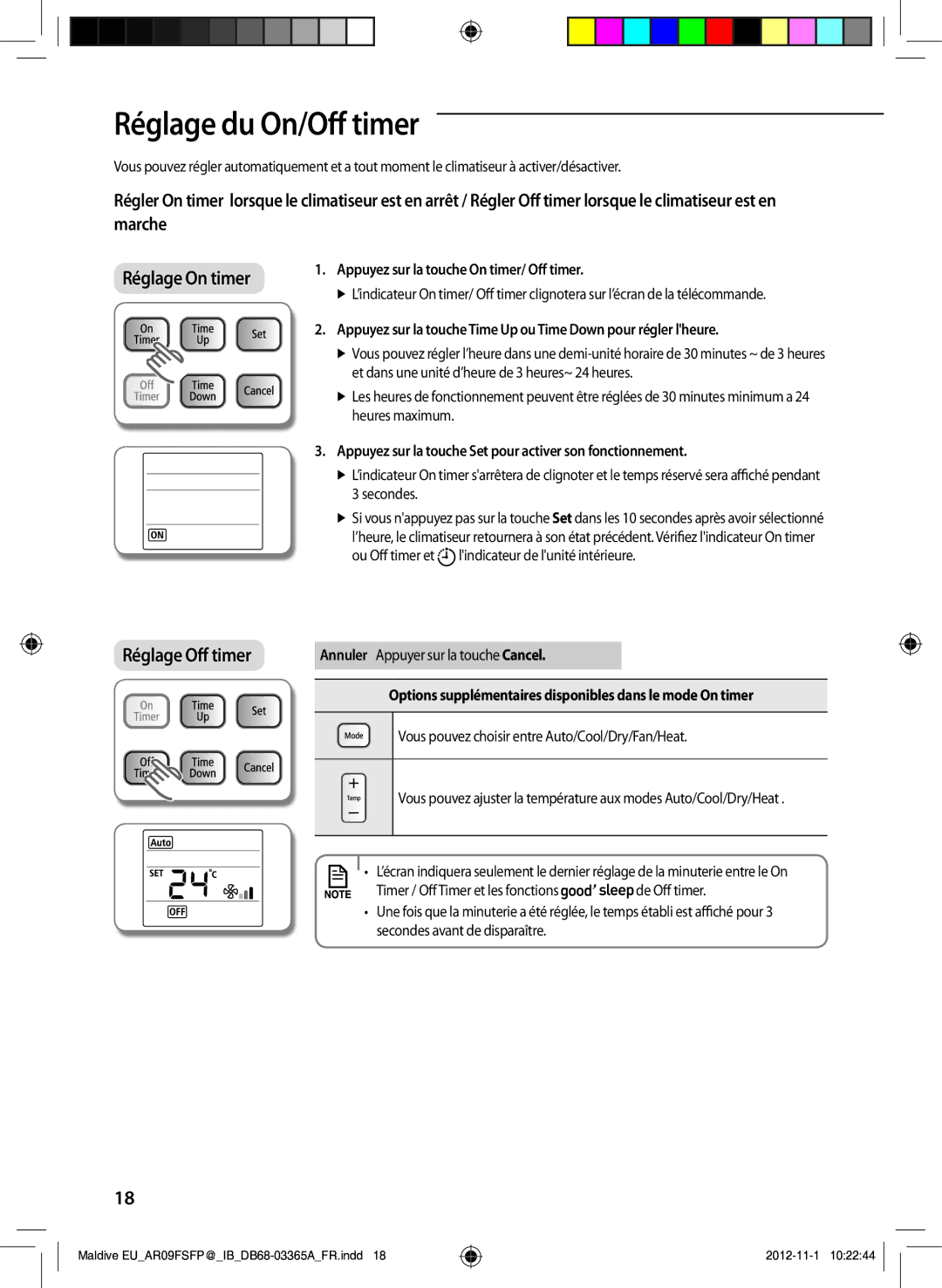 Samsung AR18FSFPDGMNEU, AR24FSFPDGMNEU manual Réglage du On/Off timer, Appuyez sur la touche On timer/ Off timer 