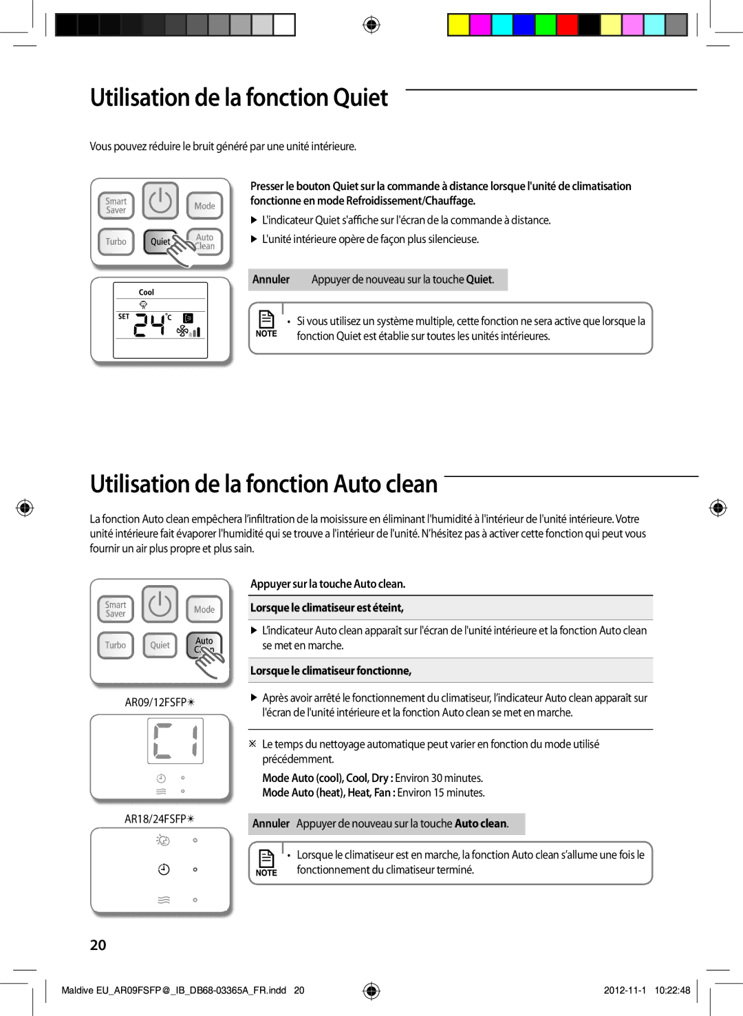 Samsung AR18FSFPDGMNEU, AR24FSFPDGMNEU manual Utilisation de la fonction Quiet, Utilisation de la fonction Auto clean 