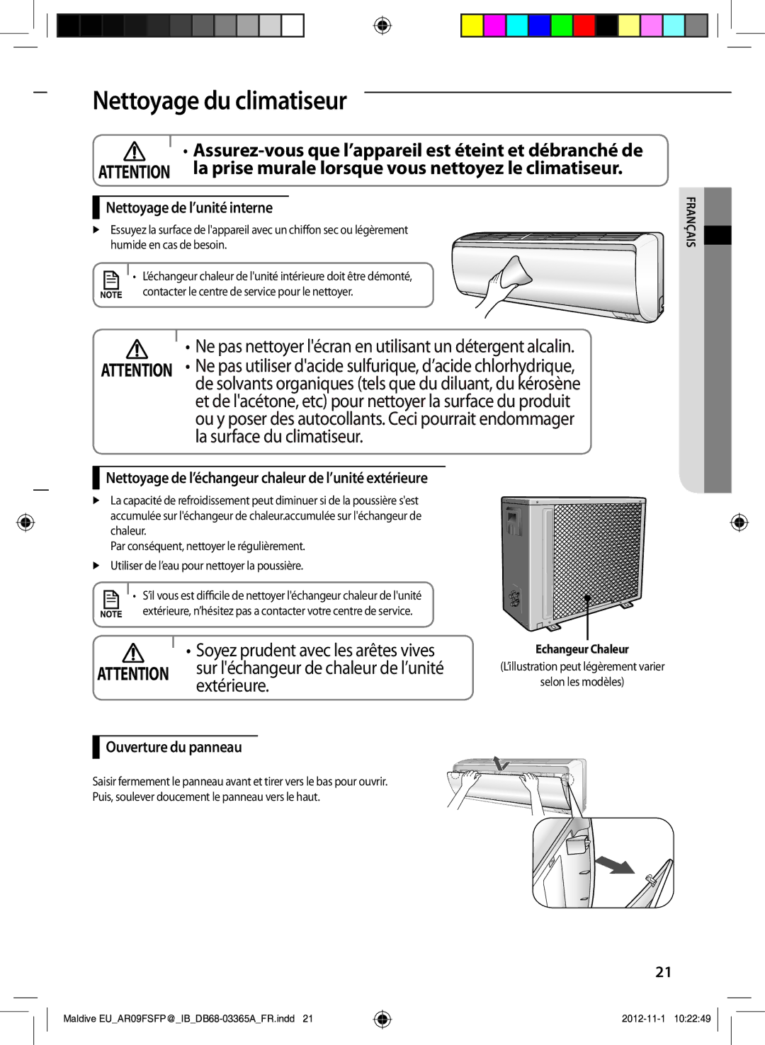 Samsung AR24FSFPDGMNEU manual Nettoyage du climatiseur, Assurez-vous que l’appareil est éteint et débranché de, Extérieure 