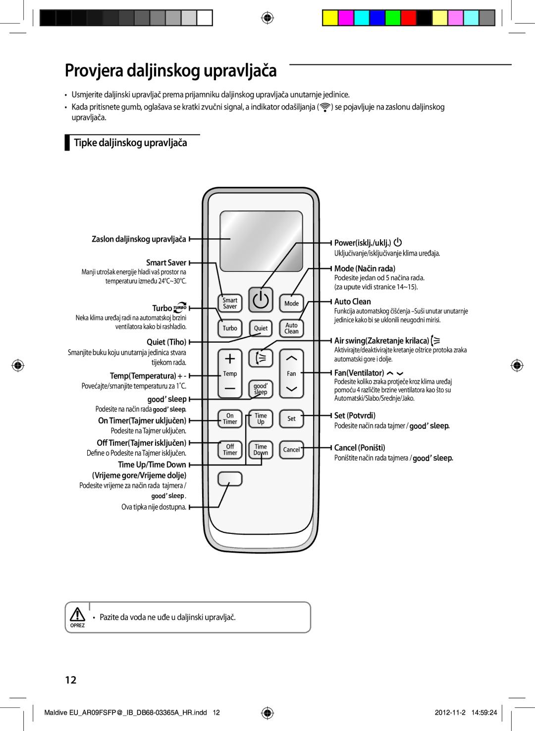 Samsung AR18FSFPDGMNEU, AR24FSFPDGMNEU manual Provjera daljinskog upravljača, Tipke daljinskog upravljača 