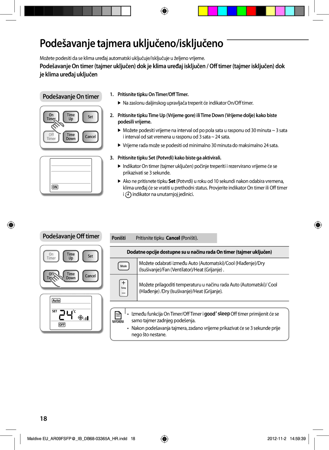 Samsung AR18FSFPDGMNEU, AR24FSFPDGMNEU manual Podešavanje tajmera uključeno/isključeno, Podešavanje On timer 