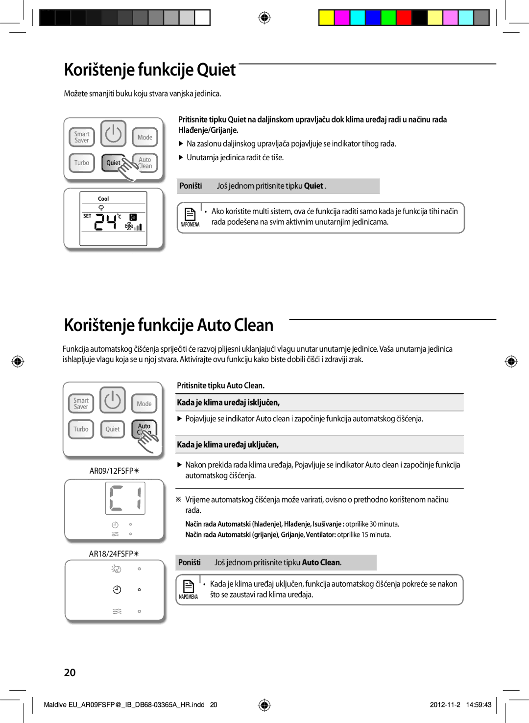 Samsung AR18FSFPDGMNEU, AR24FSFPDGMNEU manual Korištenje funkcije Quiet, Korištenje funkcije auto Clean, Hlađenje/Grijanje 