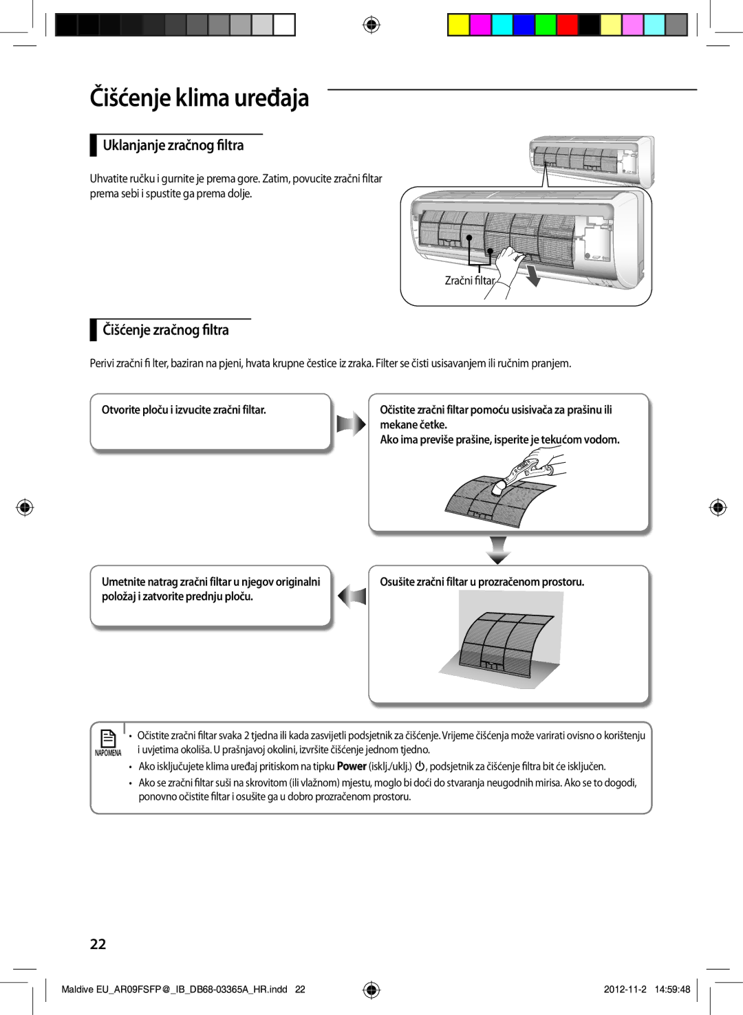 Samsung AR18FSFPDGMNEU manual Uklanjanje zračnog filtra, Čišćenje zračnog filtra, Otvorite ploču i izvucite zračni filtar 