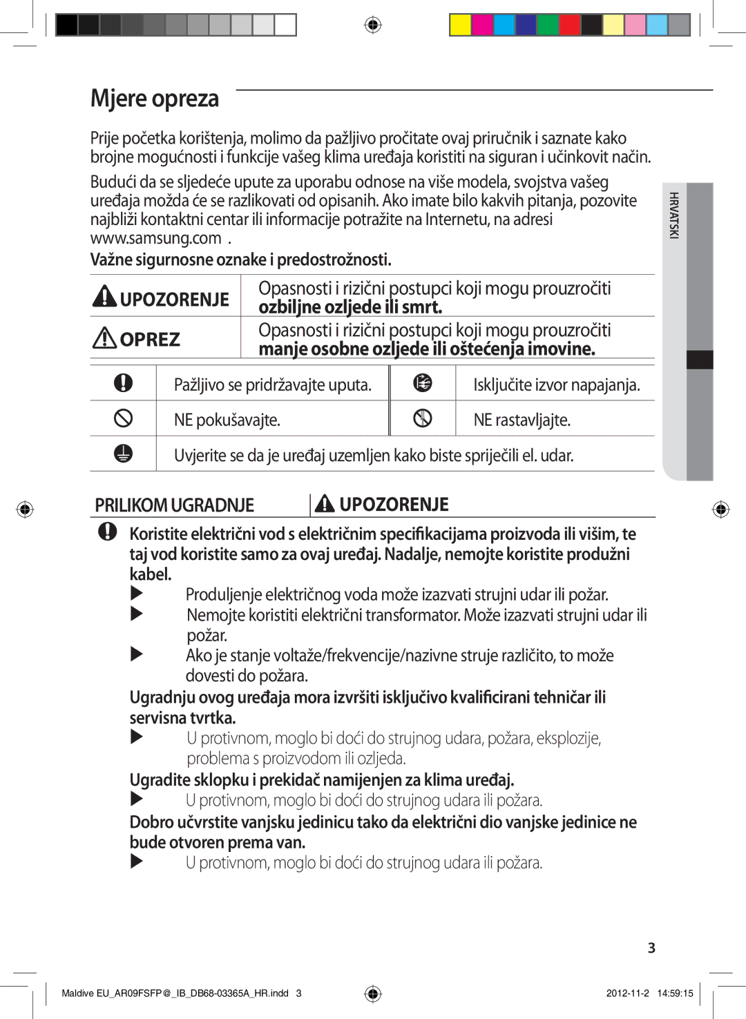 Samsung AR24FSFPDGMNEU, AR18FSFPDGMNEU manual Mjere opreza, Važne sigurnosne oznake i predostrožnosti 