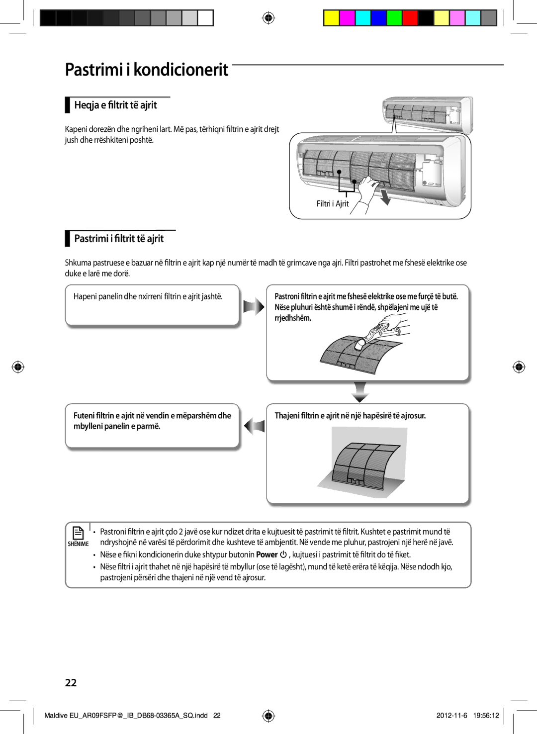 Samsung AR18FSFPDGMNEU manual Heqja e filtrit të ajrit, Pastrimi i filtrit të ajrit 