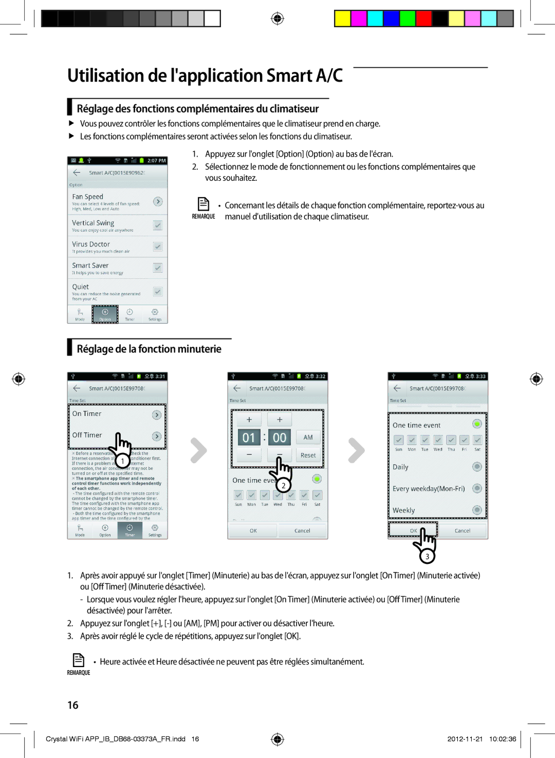 Samsung AR09FSSEDWUNEU manual Réglage des fonctions complémentaires du climatiseur, Réglage de la fonction minuterie 