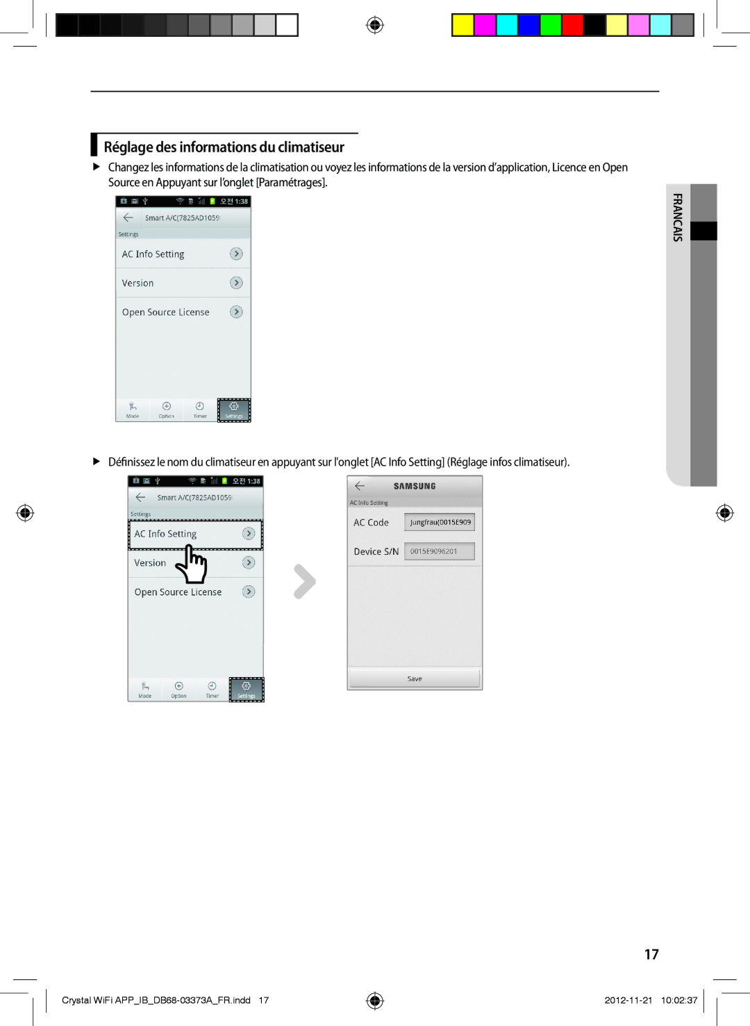 Samsung AR12FSSEDWUNEU, AR18FSSEDWUXEU, AR09FSSEDWUXEU, AR12FSSEDWUXEU manual Réglage des informations du climatiseur 