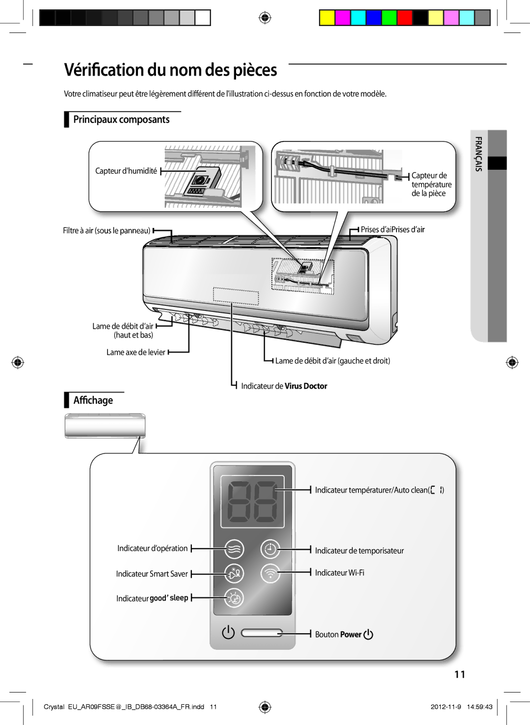 Samsung AR09FSSEDWUXEU, AR18FSSEDWUXEU, AR09FSSKABEXEU Vérification du nom des pièces, Principaux composants, Affichage 