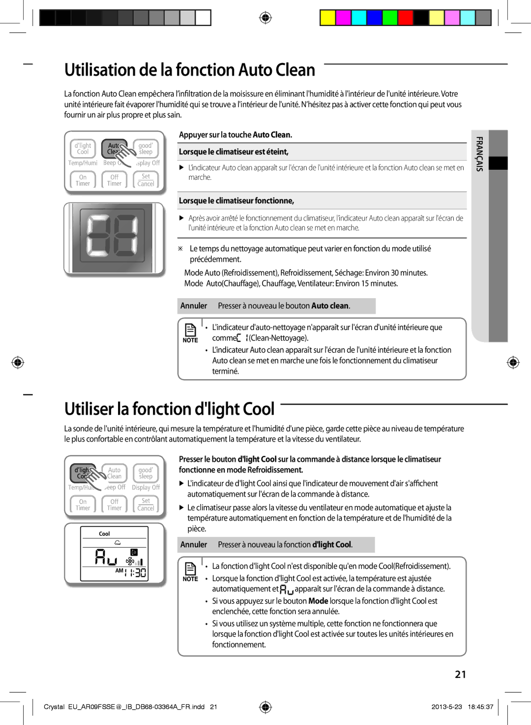 Samsung AR12FSSEDWUXEU, AR18FSSEDWUXEU manual Utilisation de la fonction Auto Clean, Utiliser la fonction dlight Cool 