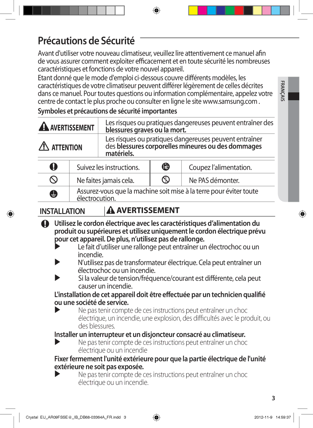 Samsung AR12FSSEDWUXEU, AR18FSSEDWUXEU Précautions de Sécurité, Symboles et précautions de sécurité importantes, Matériels 