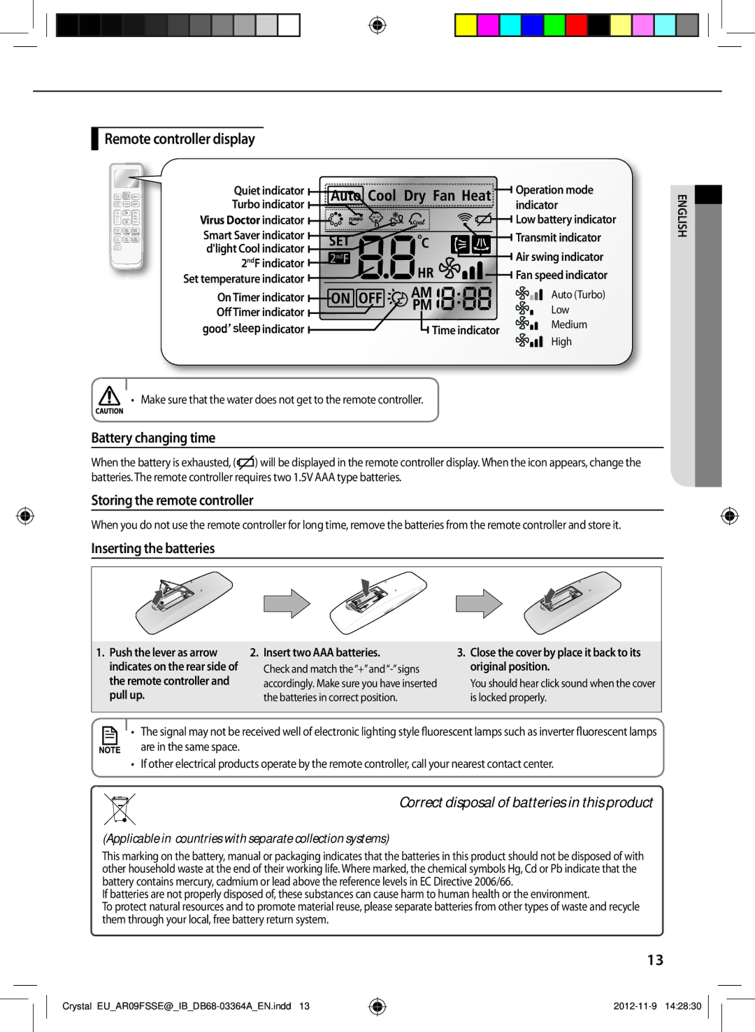 Samsung AR09FSSEDWUXEU, AR18FSSEDWUXEU Remote controller display, Battery changing time, Storing the remote controller 