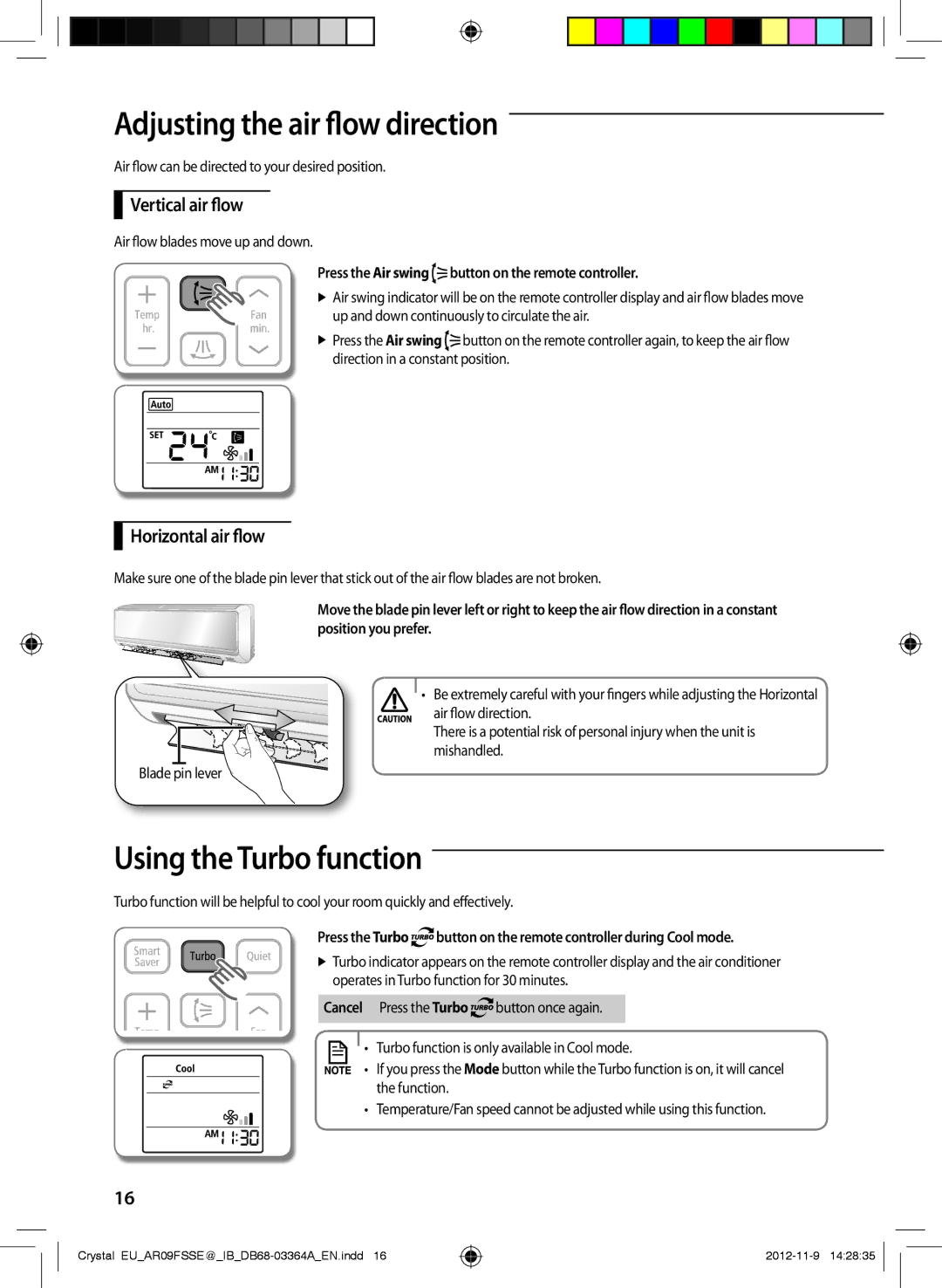 Samsung AR18FSSEDWUNEU Adjusting the air flow direction, Using the Turbo function, Vertical air flow, Horizontal air flow 