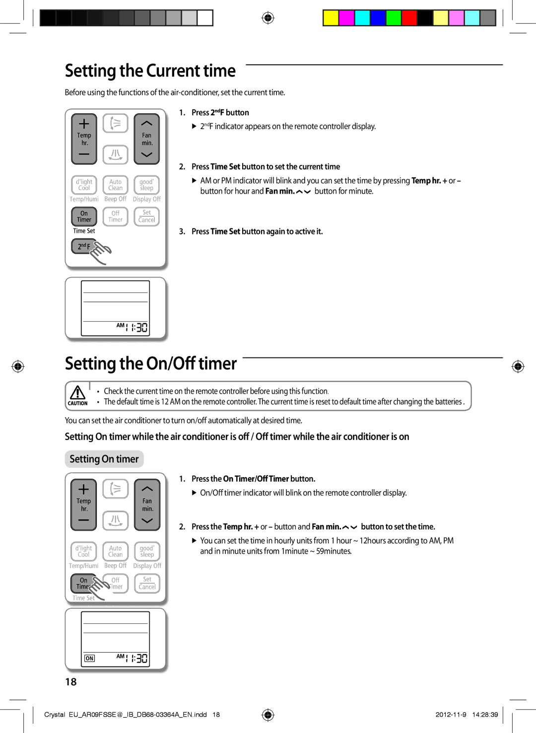 Samsung AR09FSSEDWUNEU, AR18FSSEDWUXEU, AR09FSSKABEXEU, AR09FSSEDWUXEU Setting the Current time, Setting the On/Off timer 