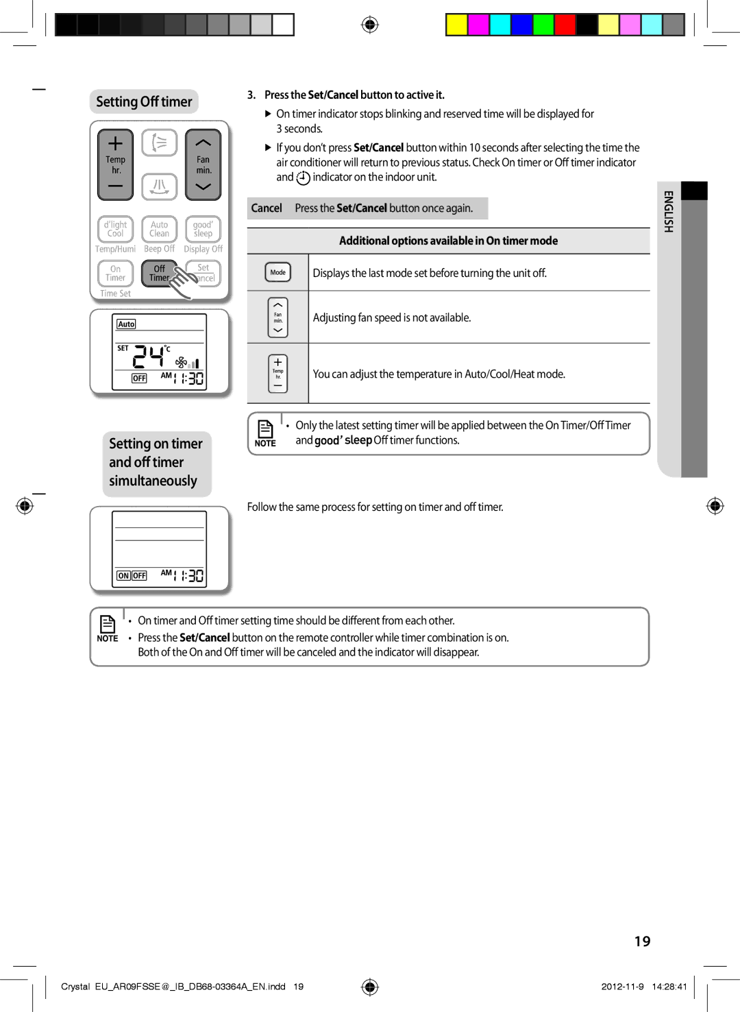 Samsung AR12FSSEDWUNEU, AR18FSSEDWUXEU, AR09FSSKABEXEU Setting Off timer, Additional options available in On timer mode 