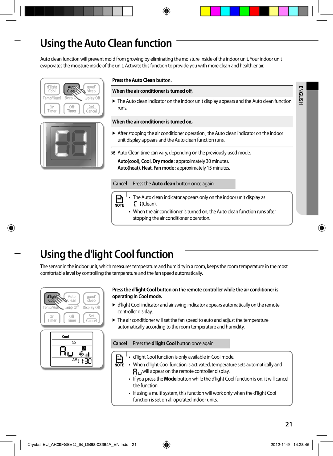 Samsung AR24FSSEDWUXEU, AR18FSSEDWUXEU, AR09FSSKABEXEU manual Using the Auto Clean function, Using the dlight Cool function 