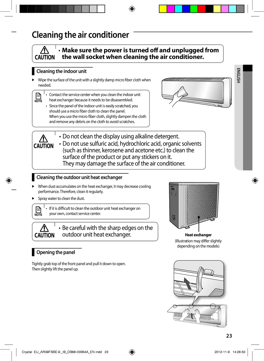 Samsung AR09FSSKABEXEU, AR18FSSEDWUXEU Cleaning the air conditioner, Make sure the power is turned oﬀ and unplugged from 