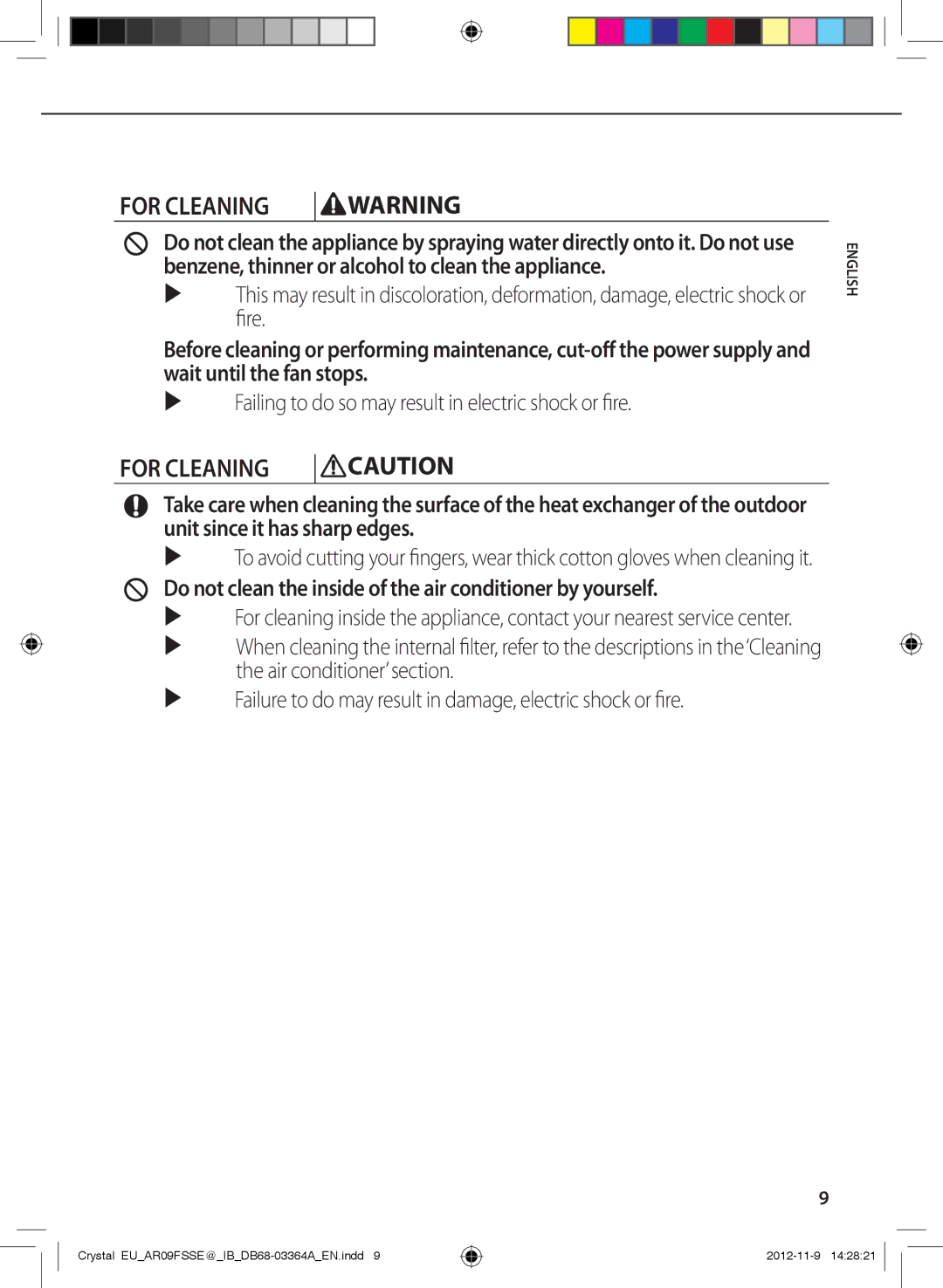 Samsung AR24FSSEDWUNEU, AR18FSSEDWUXEU manual For Cleaning, Do not clean the inside of the air conditioner by yourself 