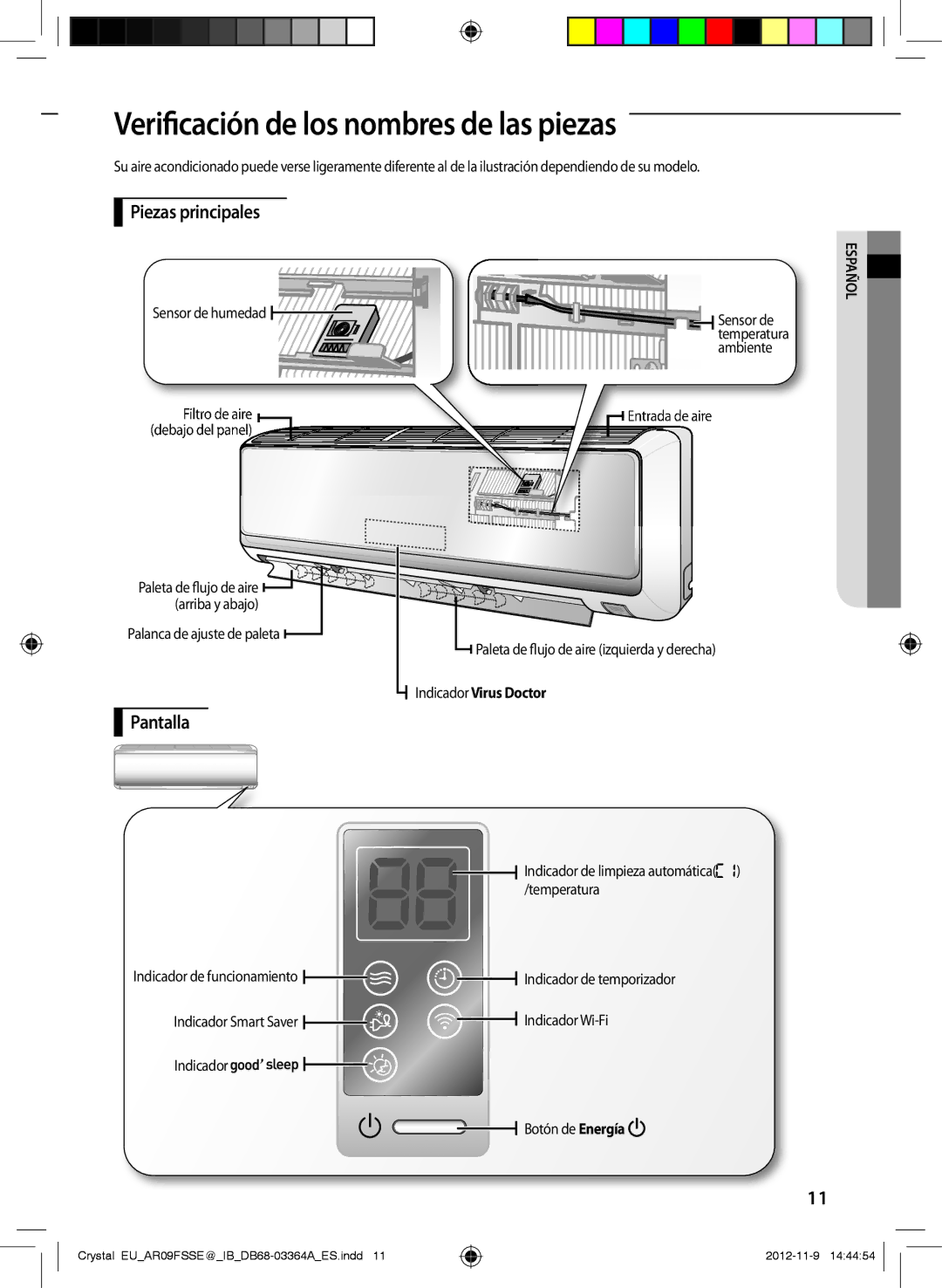 Samsung AR18FSSEDWUXEU Verificación de los nombres de las piezas, Piezas principales, Pantalla, Indicador Virus Doctor 