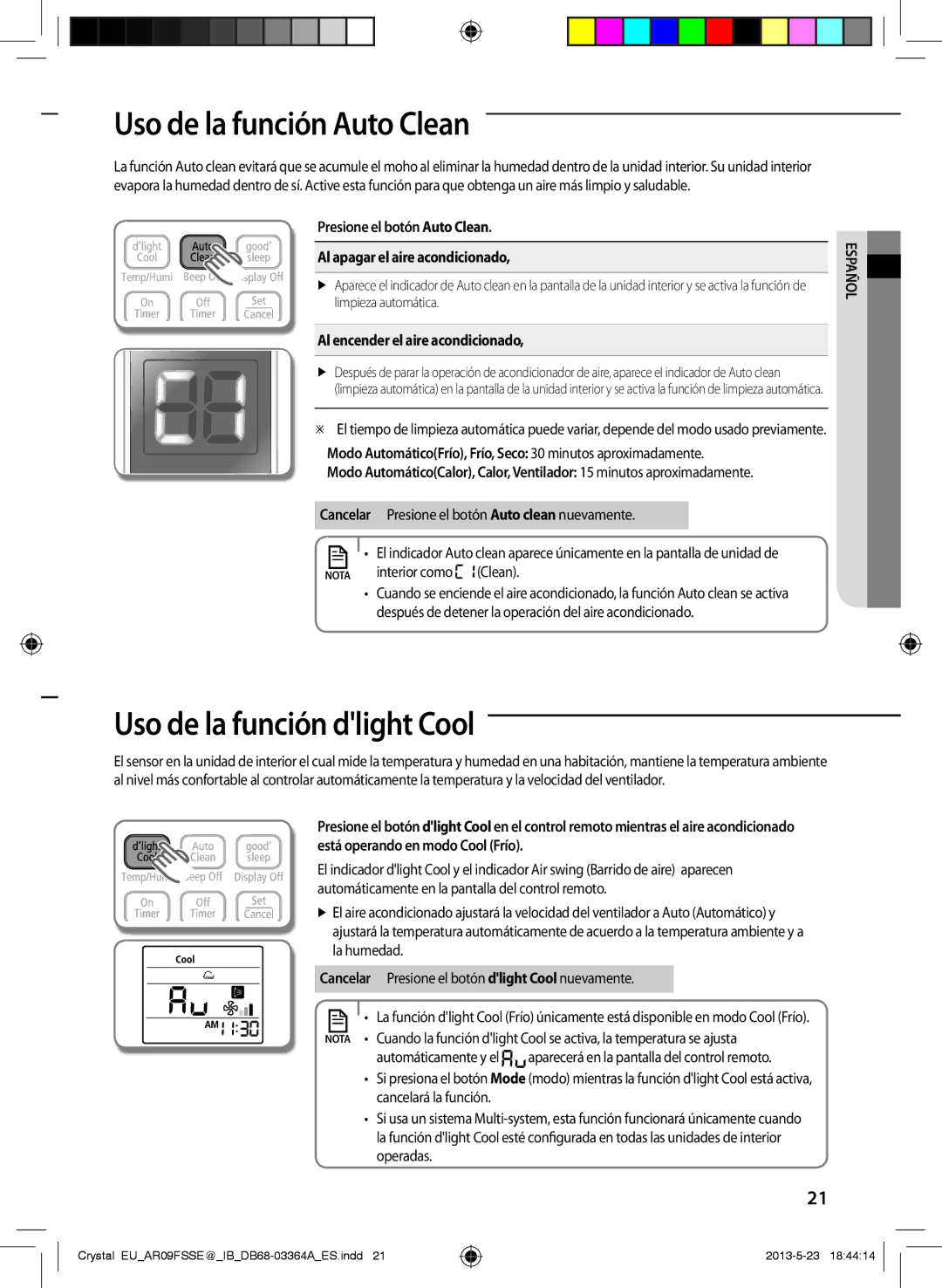 Samsung AR24FSSEDWUXEU Uso de la función Auto Clean, Uso de la función dlight Cool, Al encender el aire acondicionado 