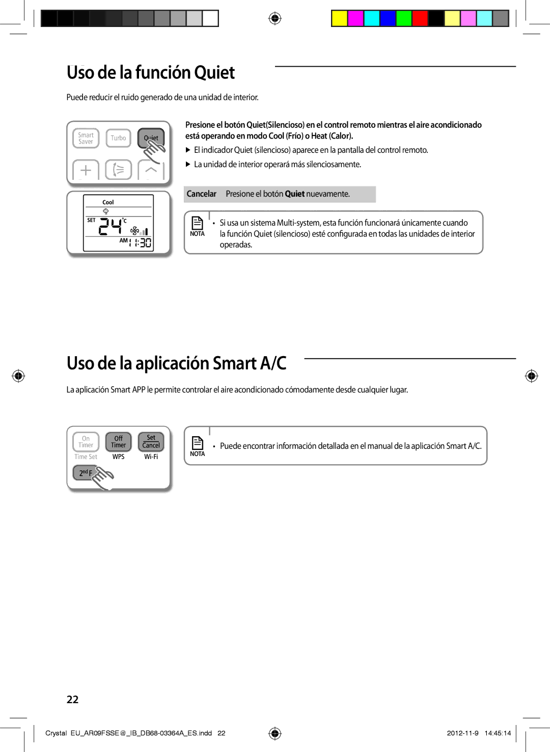 Samsung AR18FSSEDWUXEU, AR09FSSKABEXEU, AR09FSSEDWUXEU UsoAA de la función Quiet, Uso de la aplicación Smart A/C, Operadas 