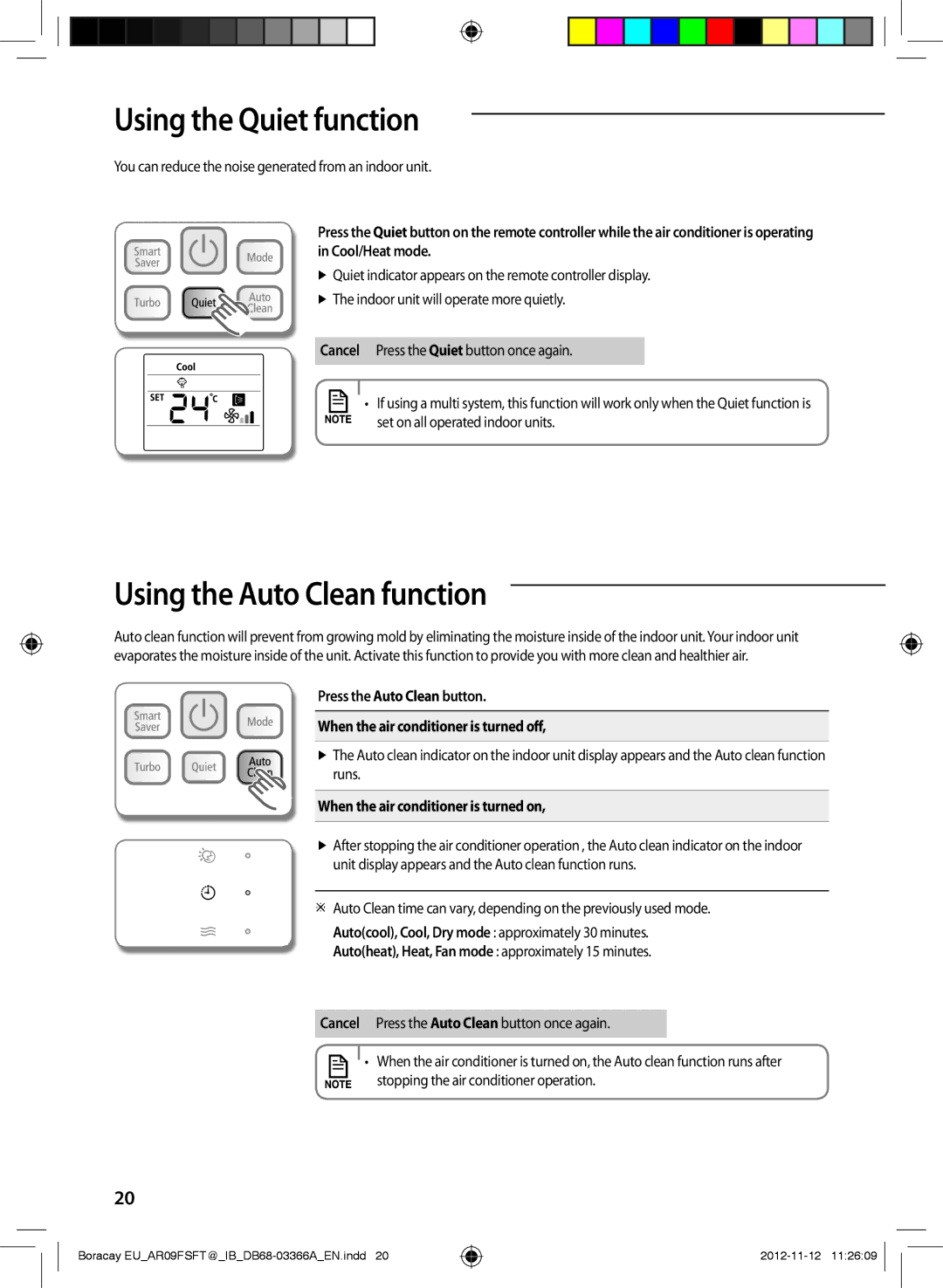 Samsung AR18FSFTJWQXEU Using the Quiet function, Using the Auto Clean function, When the air conditioner is turned on 