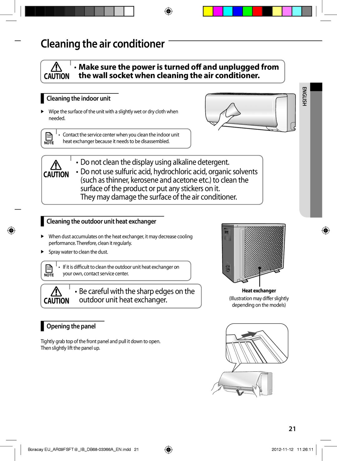 Samsung AR18FSFTJWQNEU, AR18FSSEDWUXEU Cleaning the air conditioner, Make sure the power is turned off and unplugged from 