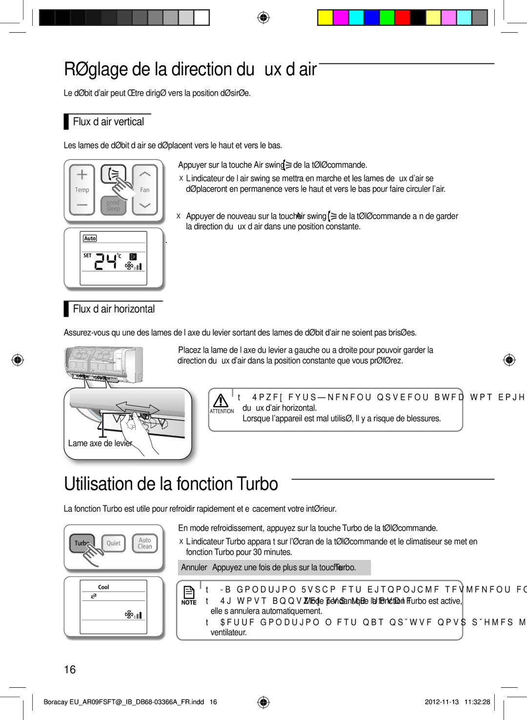 Samsung AR12FSSYAWTXEU manual Réglage de la direction du flux d’air, Utilisation de la fonction Turbo, Flux d’air vertical 