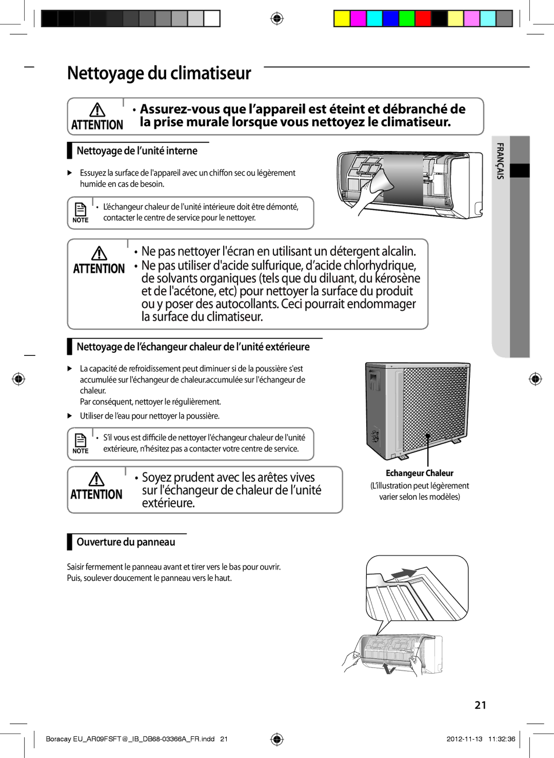 Samsung AR18FSFTJWQNEU manual Nettoyage du climatiseur, Assurez-vous que l’appareil est éteint et débranché de, Extérieure 