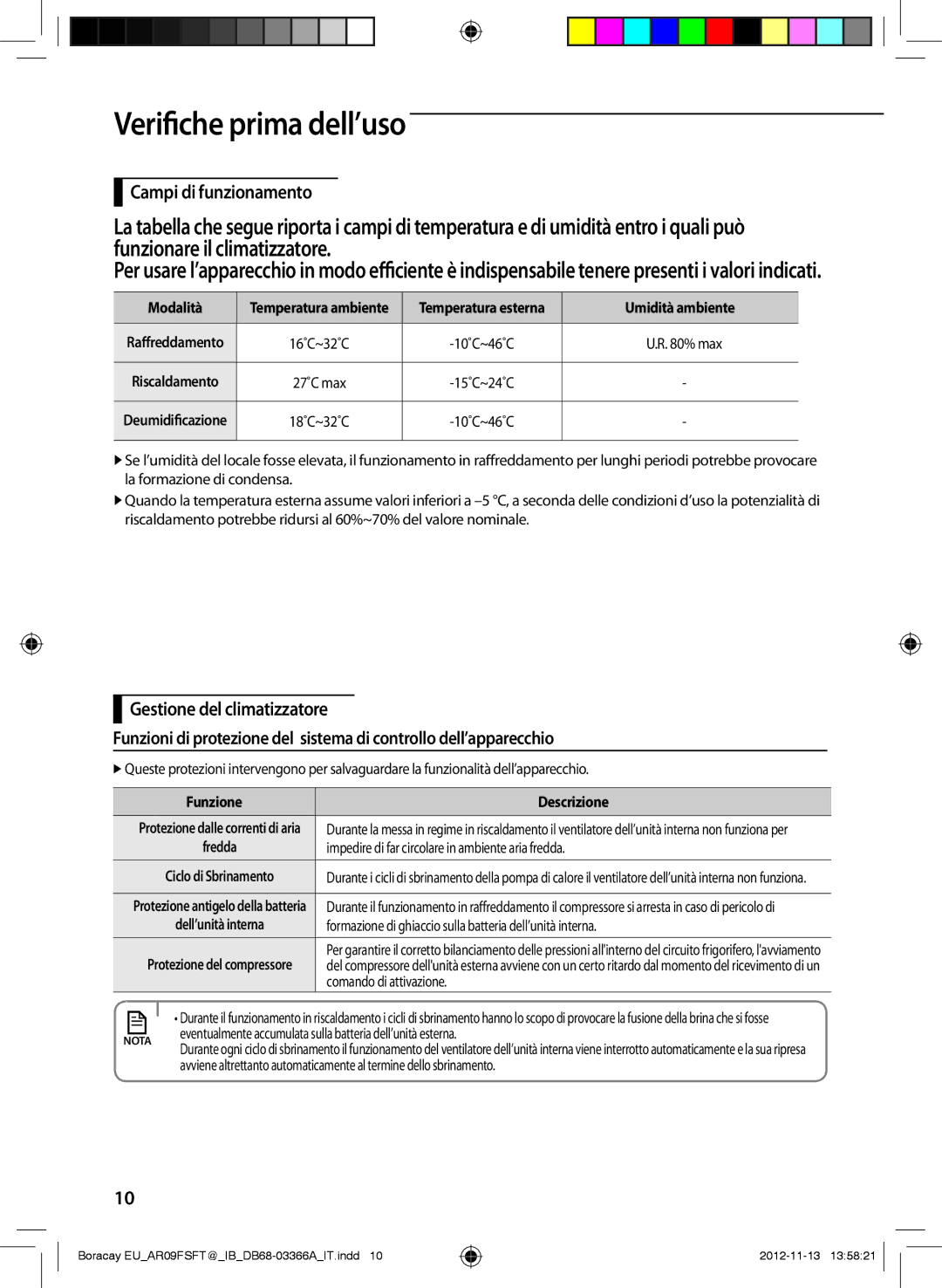 Samsung AR12FSSYAWTXEU Verifiche prima dell’uso, Campi di funzionamento, Modalità, Umidità ambiente, Funzione Descrizione 