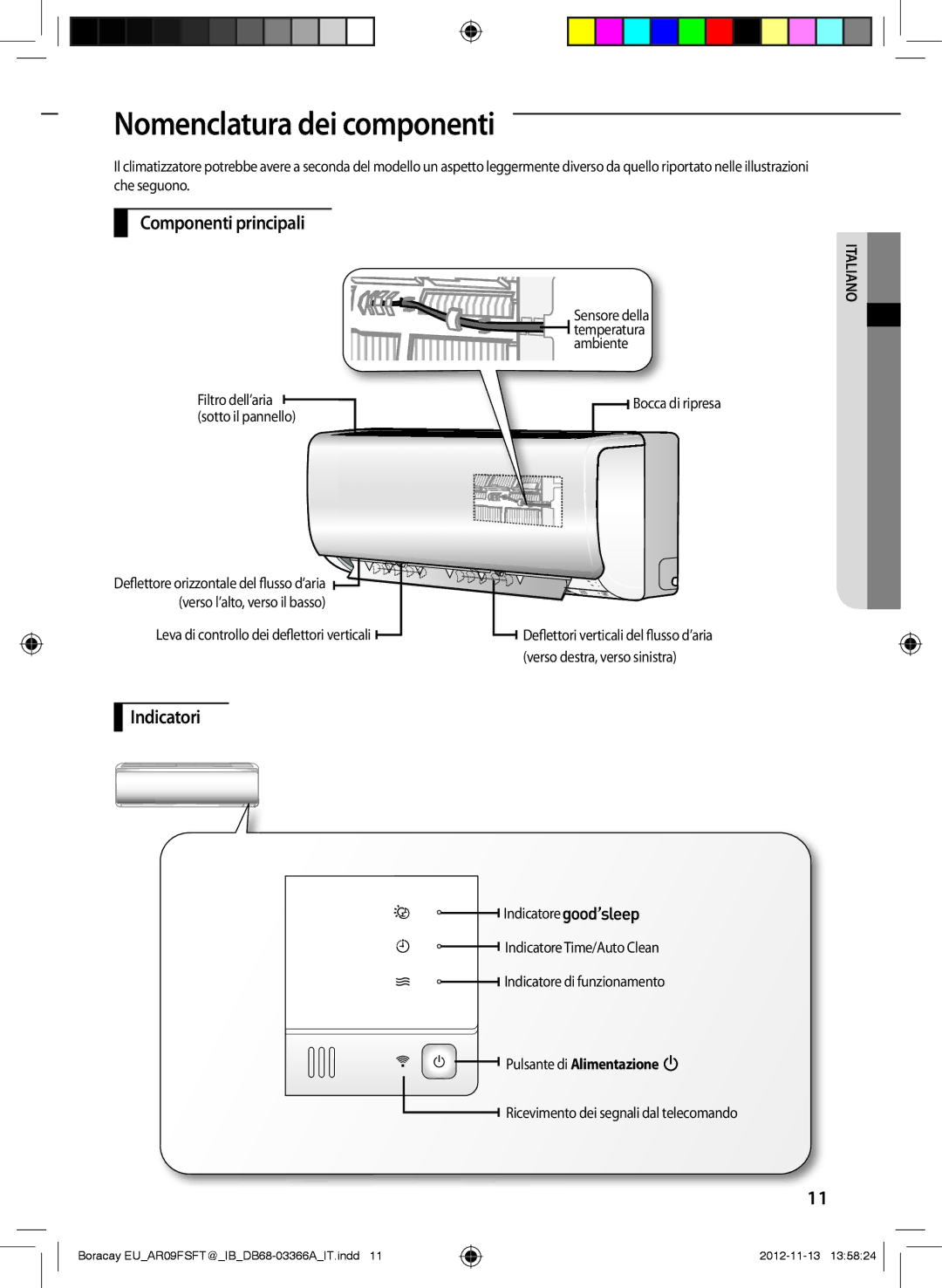 Samsung AR24FSFTJWQNEU manual Nomenclatura dei componenti, Componenti principali, Indicatori, Pulsante di Alimentazione 