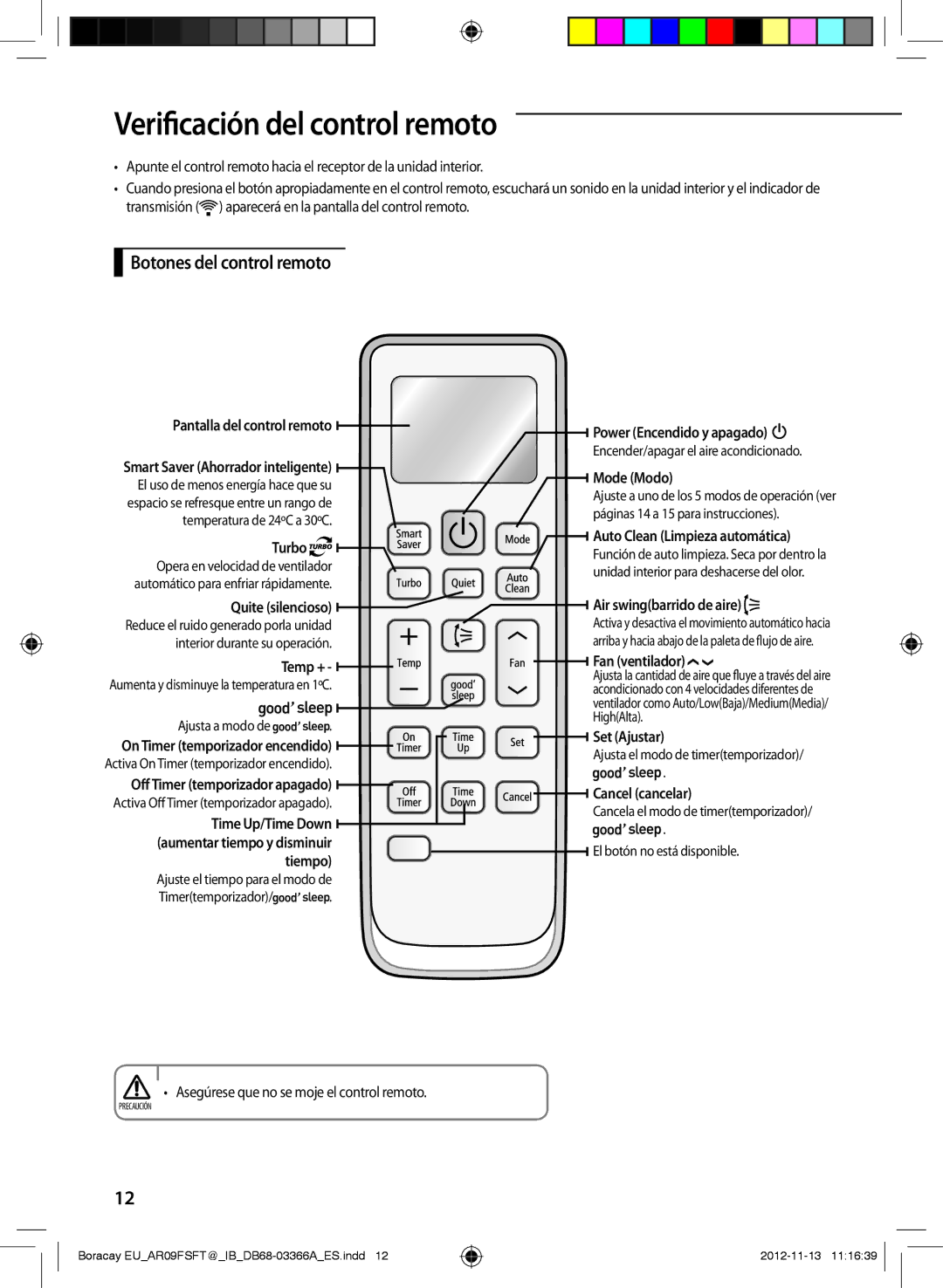 Samsung AR18FSSEDWUXEU, AR24FSFTJWQXEU, AR18FSFTJWQXEU manual Verificación del control remoto, Botones del control remoto 