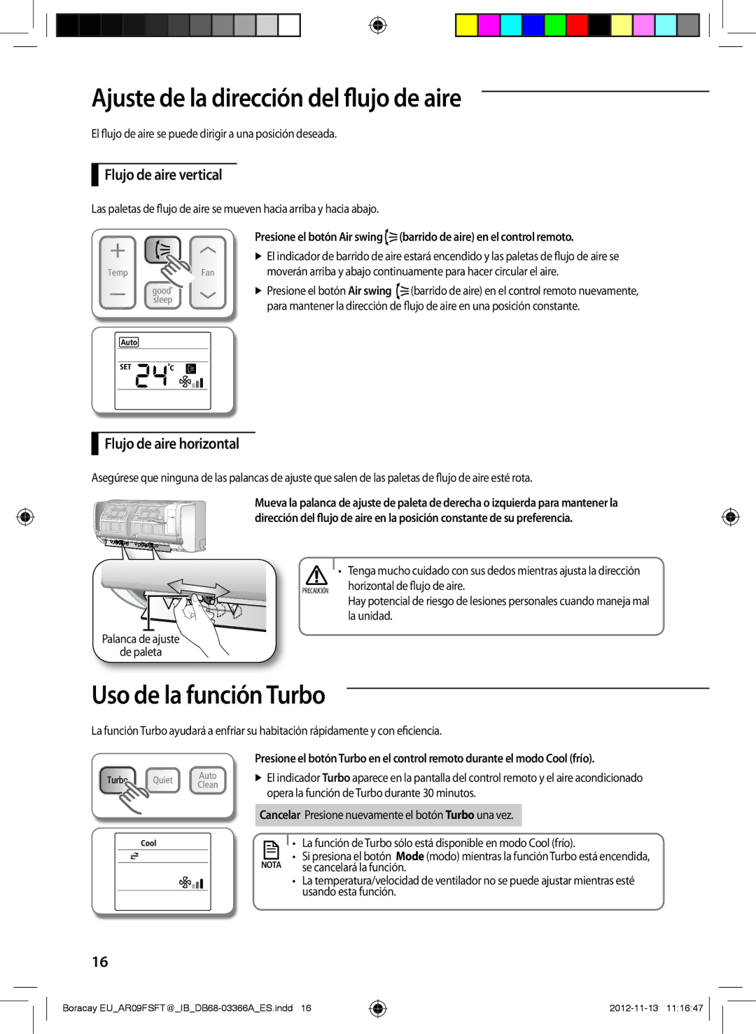 Samsung AR12FSSYAWTXEU manual Ajuste de la dirección del flujo de aire, Uso de la función Turbo, Flujo de aire vertical 