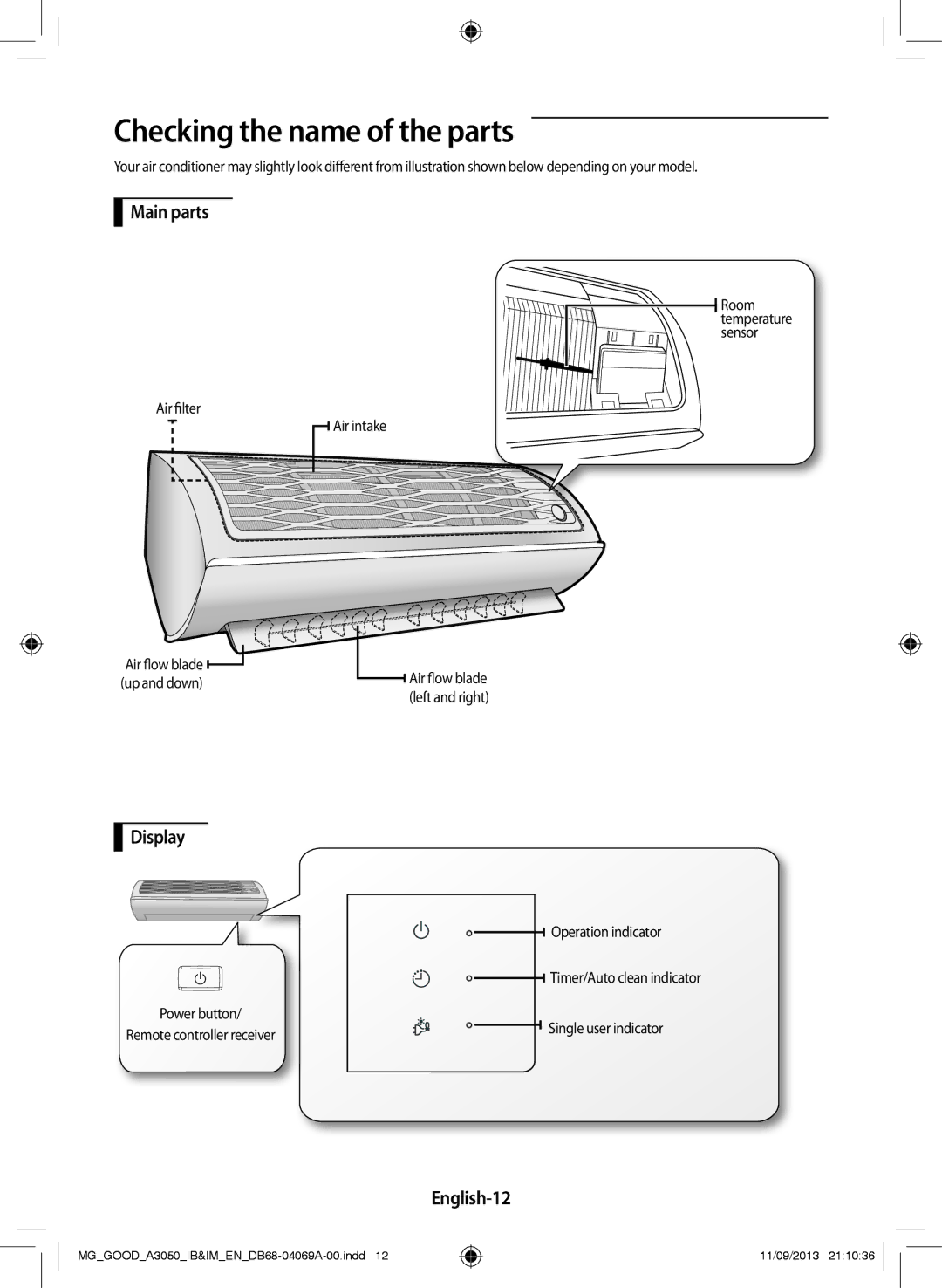 Samsung AR24HCFSBWK/MG, AR18HCFNBWK/MG, AR12HCFNBWKNMD manual Checking the name of the parts, Main parts, Display, English-12 