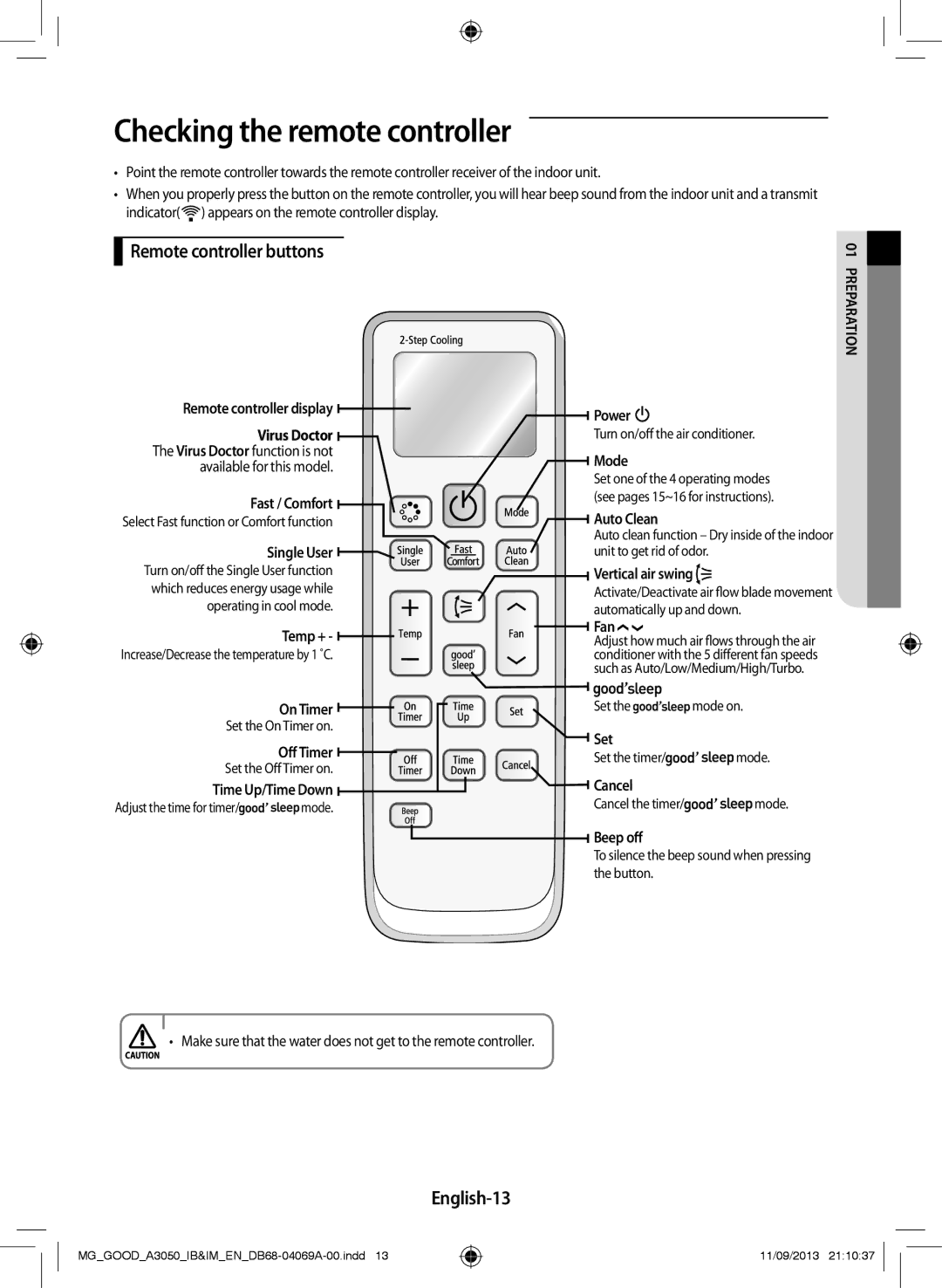 Samsung AR12HPFNBWK/MG, AR18HCFNBWK/MG manual Checking the remote controller, Remote controller buttons, English-13 