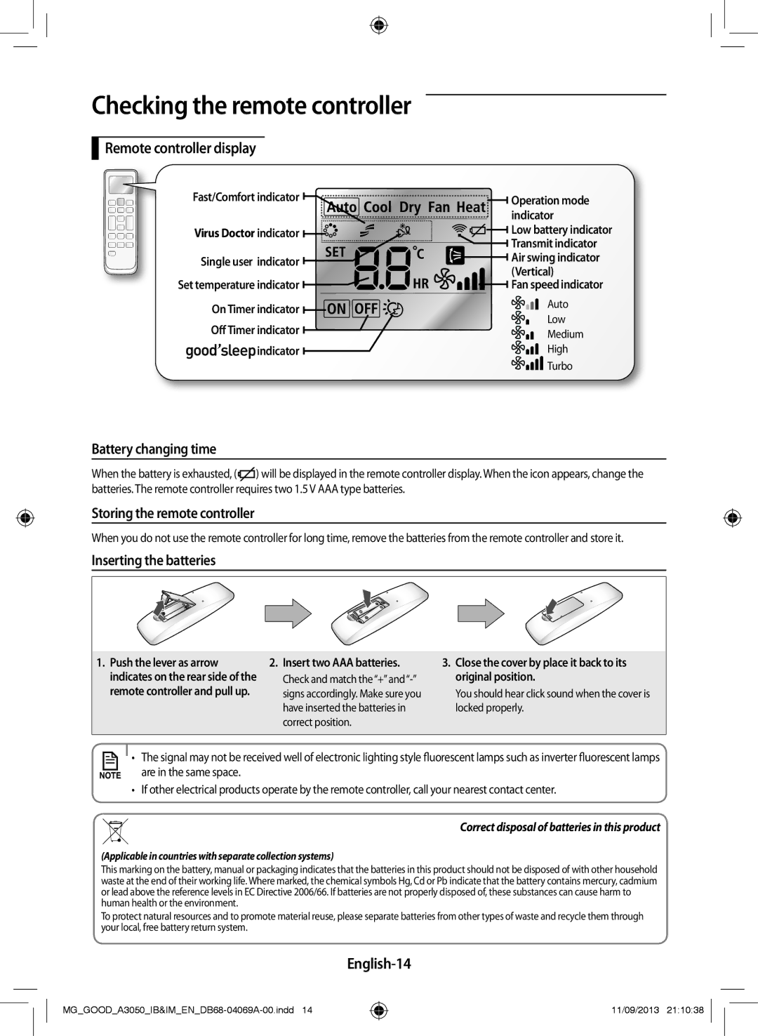 Samsung AR12HPFNBWKNMG manual Remote controller display, Battery changing time, Storing the remote controller, English-14 