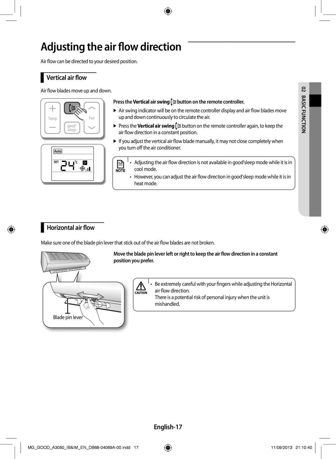 Samsung AR18HPFSBWKNMG manual Adjusting the air flow direction, Vertical air flow, Horizontal air flow, English-17 