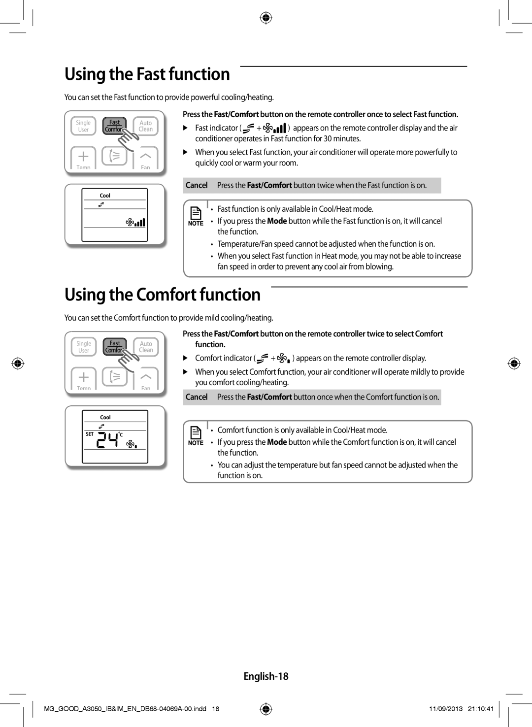 Samsung AR24HCFNBGMXMG, AR18HCFNBWK/MG, AR12HCFNBWKNMD manual Using the Fast function, Using the Comfort function, English-18 