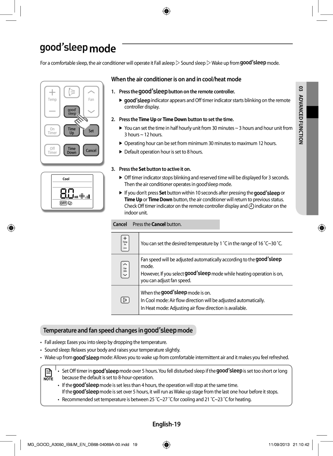 Samsung AR24HPFNBGM/MG, AR18HCFNBWK/MG manual Mode, When the air conditioner is on and in cool/heat mode, English-19 