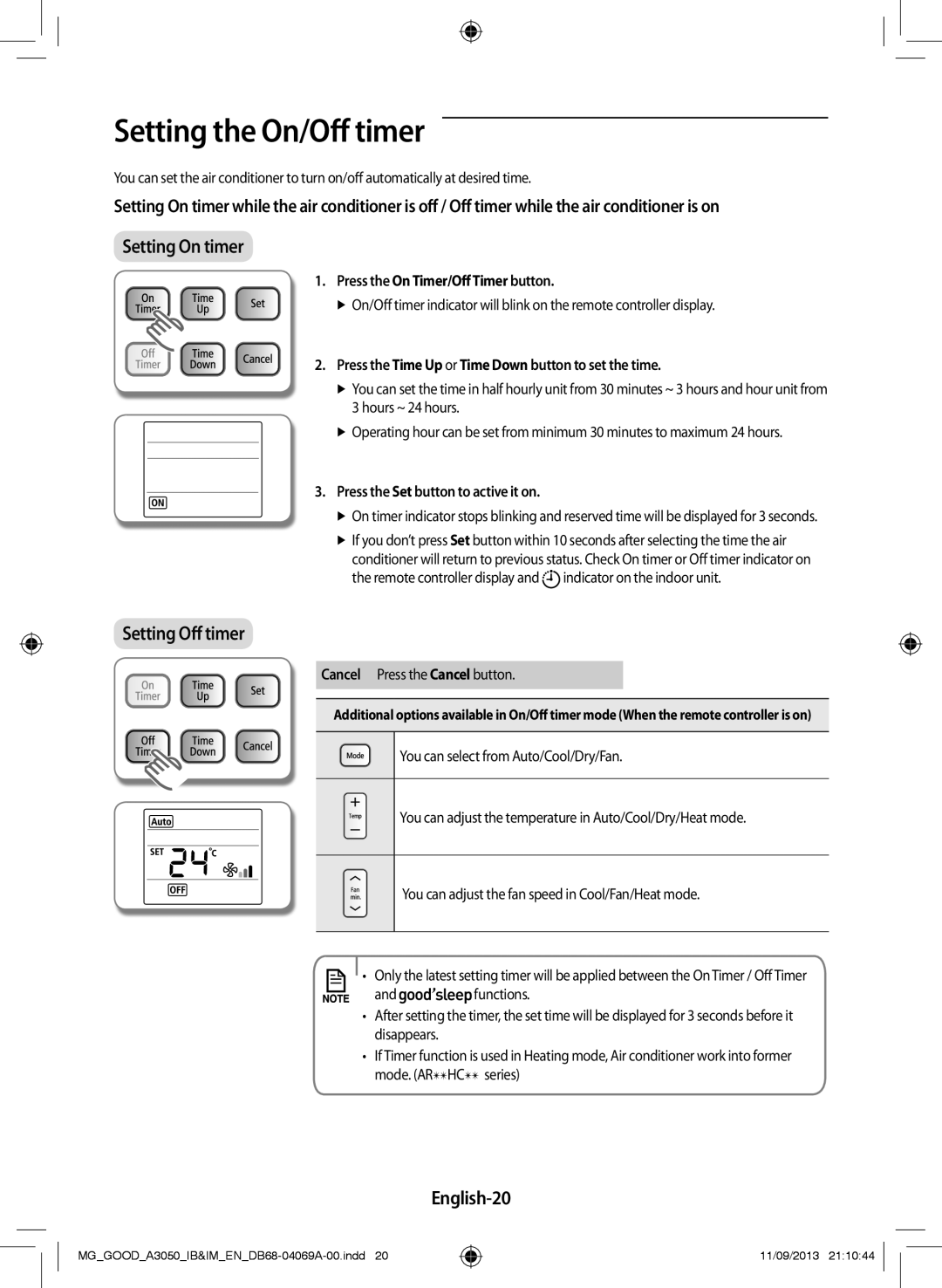 Samsung AR24HPFNBWKXMG, AR18HCFNBWK/MG manual Setting the On/Off timer, English-20, Press the On Timer/Off Timer button 