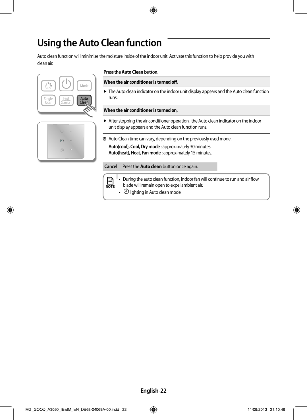 Samsung AR18HCFSBWKNMG, AR18HCFNBWK/MG Using the Auto Clean function, English-22, When the air conditioner is turned on 