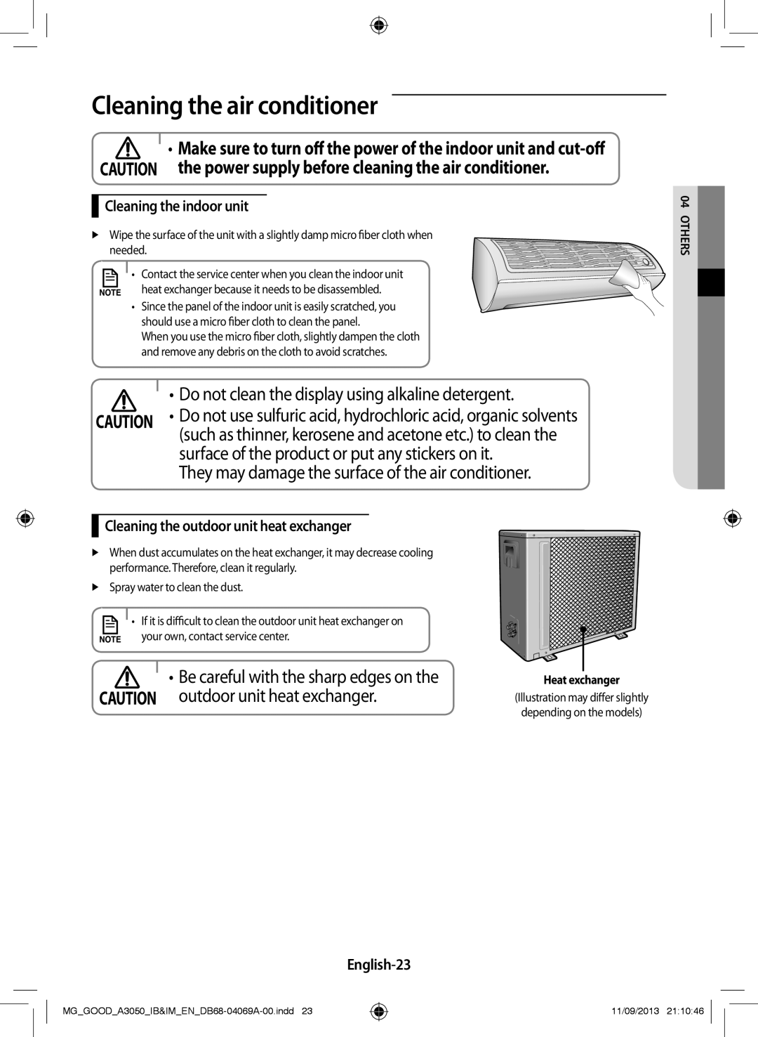 Samsung AR18HPFNBGMXMG manual Cleaning the air conditioner, Cleaning the outdoor unit heat exchanger, English-23, Sre04 Oth 