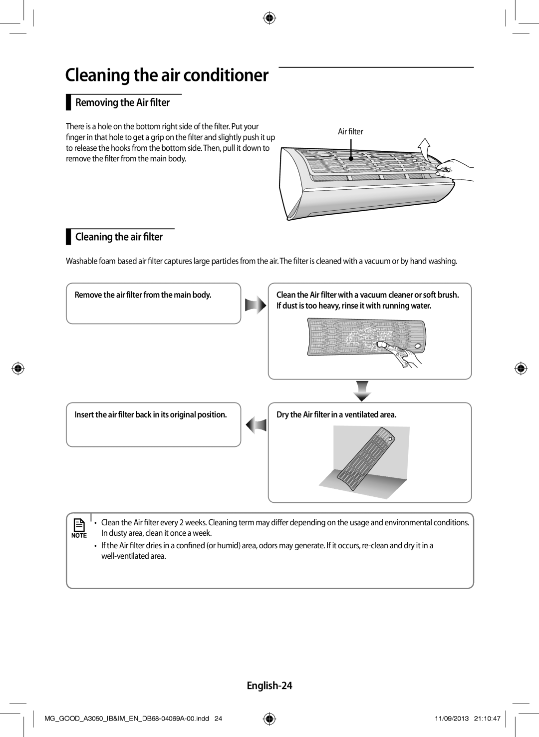 Samsung AR18HPFNBWKXMG, AR18HCFNBWK/MG, AR12HCFNBWKNMD manual Removing the Air filter, Cleaning the air filter, English-24 