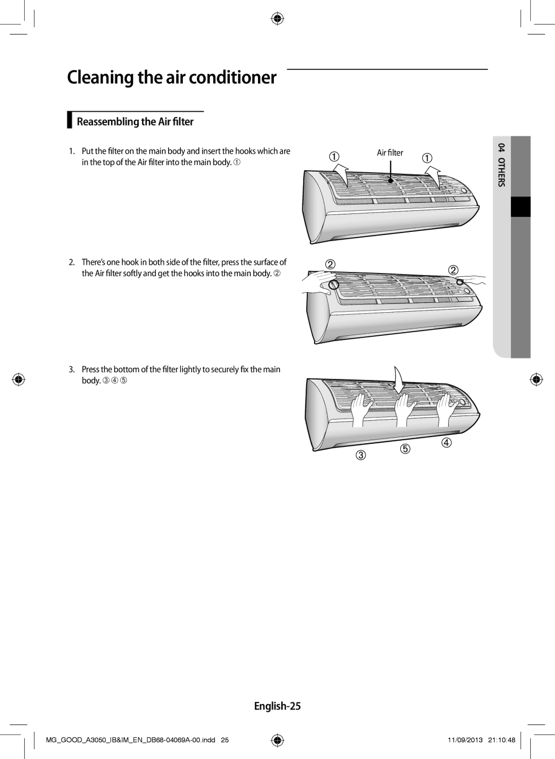 Samsung AR12HCFNBWK/MG manual Reassembling the Air filter, English-25, Top of the Air filter into the main body.. ➀ 