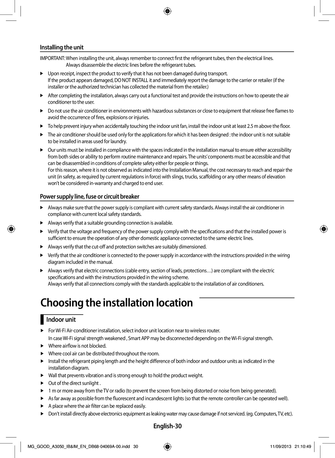 Samsung AR24HPFNBGMNMG Choosing the installation location, Installing the unit, Power supply line, fuse or circuit breaker 