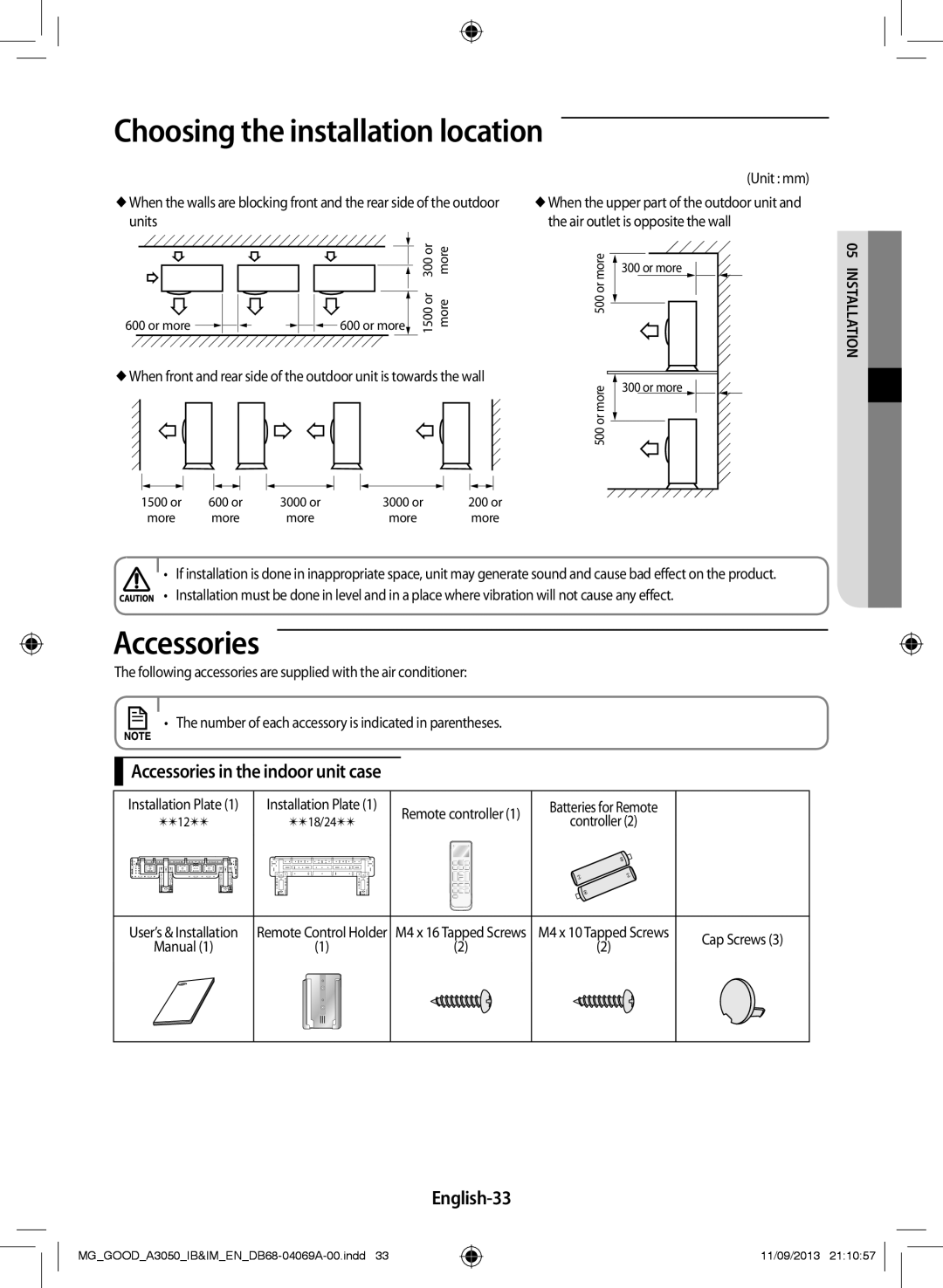 Samsung AR12HPFNBWKXMG, AR18HCFNBWK/MG, AR12HCFNBWKNMD manual Accessories in the indoor unit case, English-33, Llan 