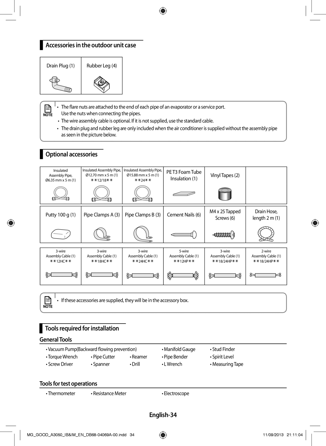 Samsung AR18HCFNBWKXMG Accessories in the outdoor unit case, Optional accessories, Tools for test operations, English-34 