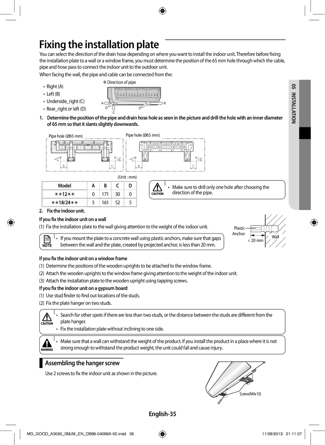 Samsung AR24HCFNBWKNMG, AR18HCFNBWK/MG manual Fixing the installation plate, Assembling the hanger screw, English-35 