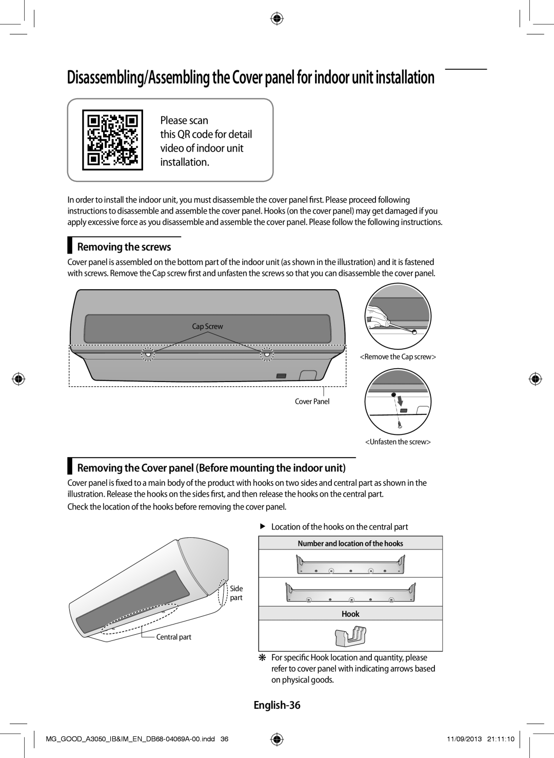 Samsung AR18HCFNBGMNMG manual Removing the screws, Removing the Cover panel Before mounting the indoor unit, English-36 