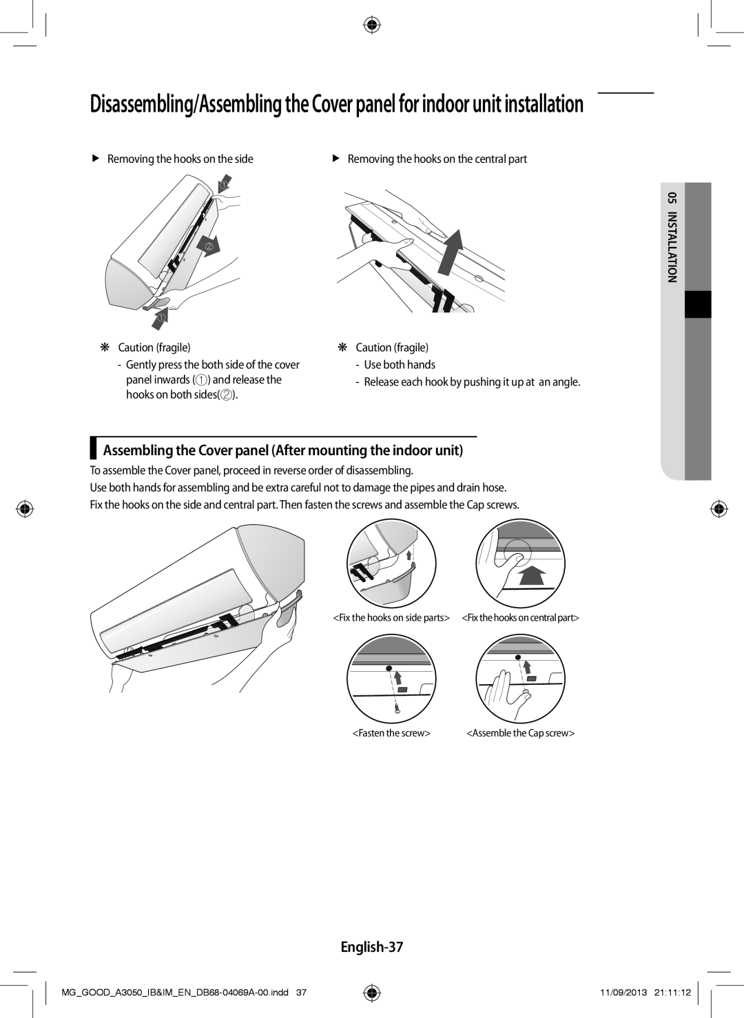 Samsung AR18HCFSBWKXMG, AR18HCFNBWK/MG manual Assembling the Cover panel After mounting the indoor unit, English-37 