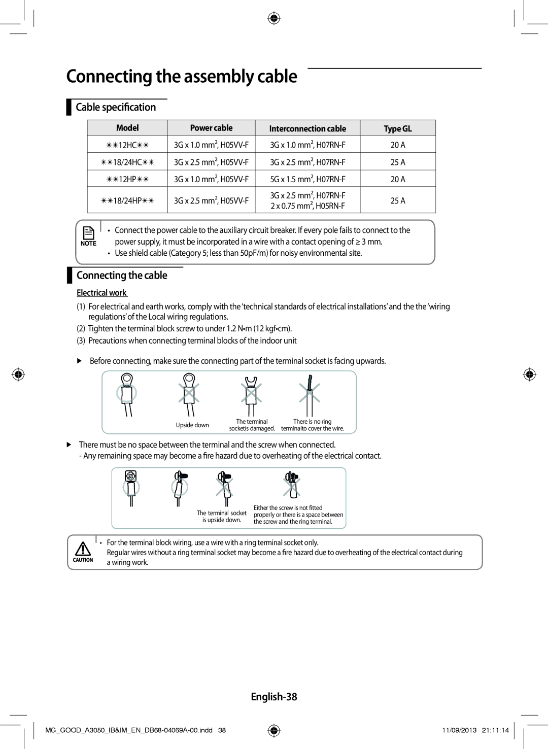 Samsung AR18HPFNBWKNMG manual Connecting the assembly cable, Cable specification, Connecting the cable, English-38 